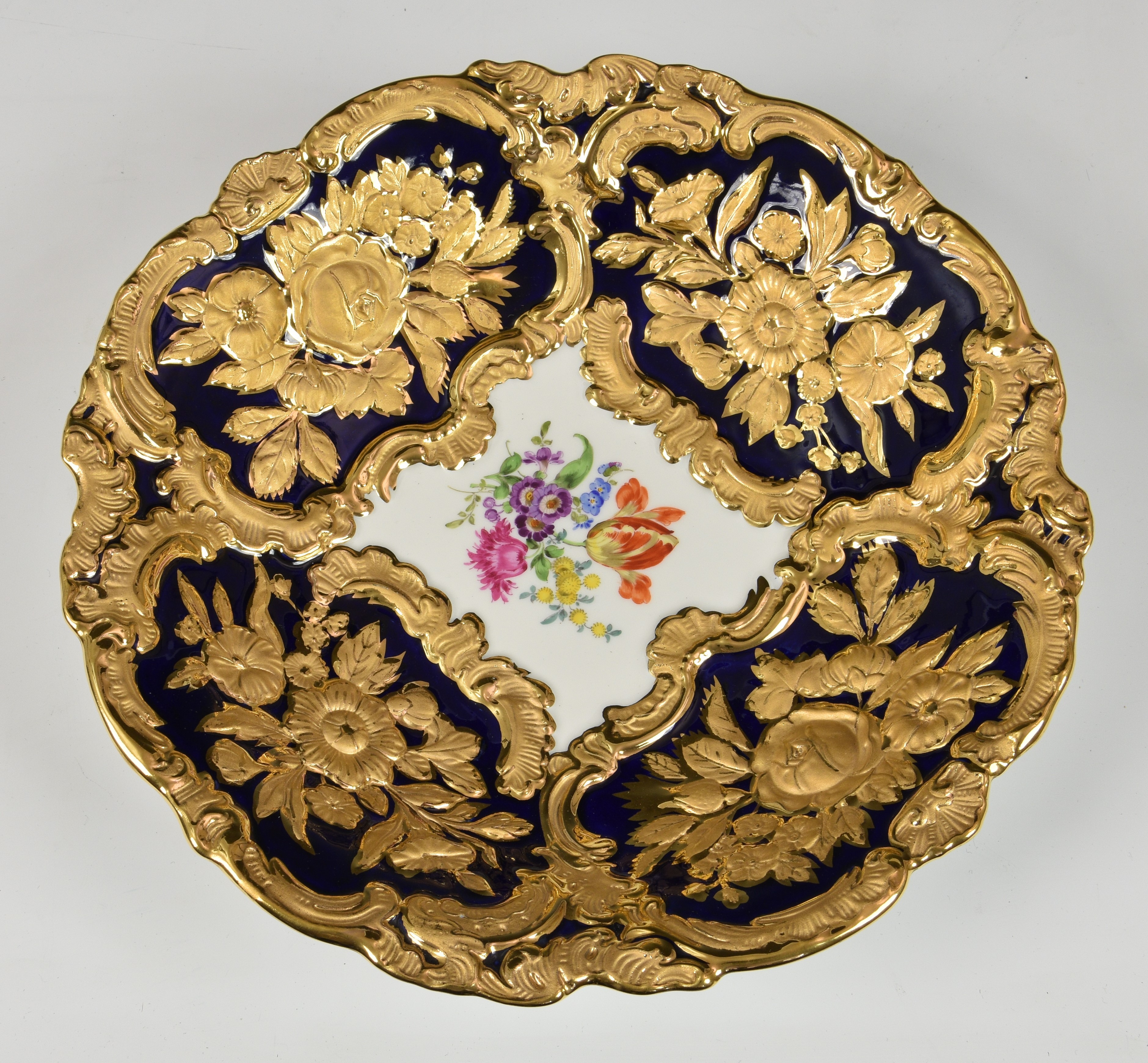 A 20th century Meissen bowl, deep blue and white ground, hand-painted floral spray and gilt enriched - Image 3 of 4