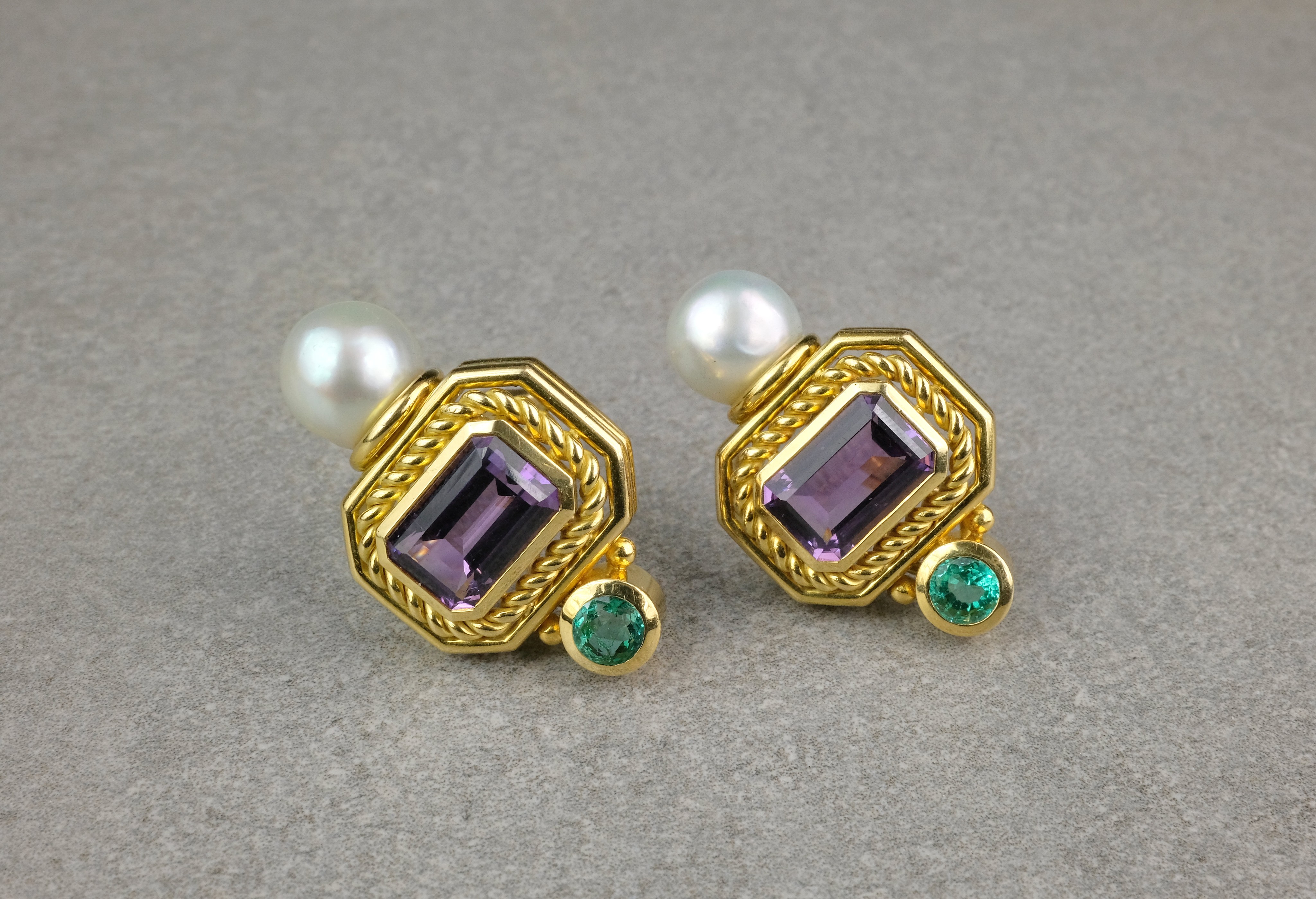 A pair of 18ct gold, amethyst, pearl and tourmaline ear clips by Leo de Vroomen, each with an