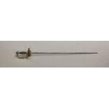 A Dutch Court Sword, with brass decorated hilt, wooden inset handle, the guard with coat of arms