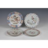 Three Chinese export porcelain famille rose plates, comprising a plate with scalloped rim, painted