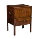 A George III inlaid mahogany night table, the cross banded top over two cupboard doors above a