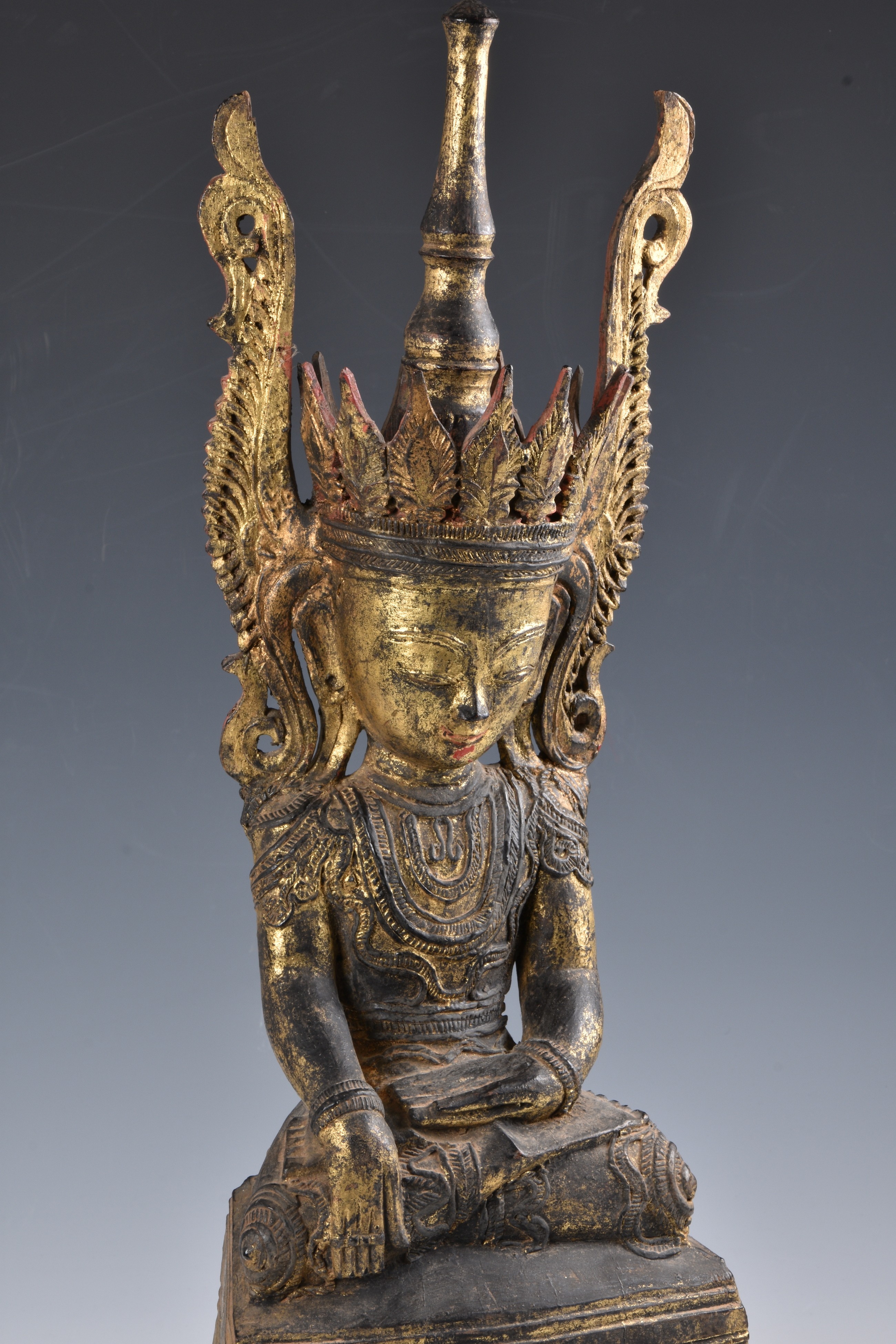 A Burmese, Shan States style carved gilt decorated Buddha, probably 19th century, the carved - Image 5 of 10
