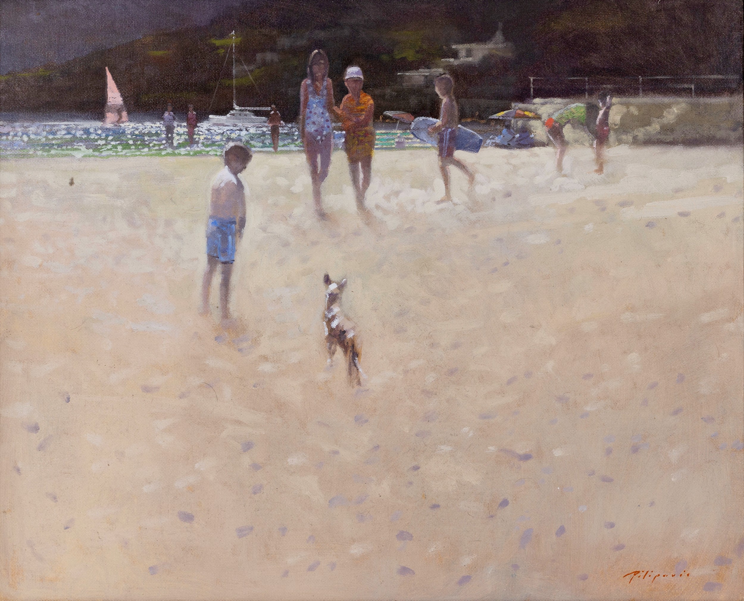 Zlatan Pilipovic (b.1958 Sarajevo), Figures and a Dog on the Beach with a Surfboard. oil on canvas