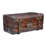 A good antique leather cabin trunk by Drew & Sons of London, impressed maker's mark to lock