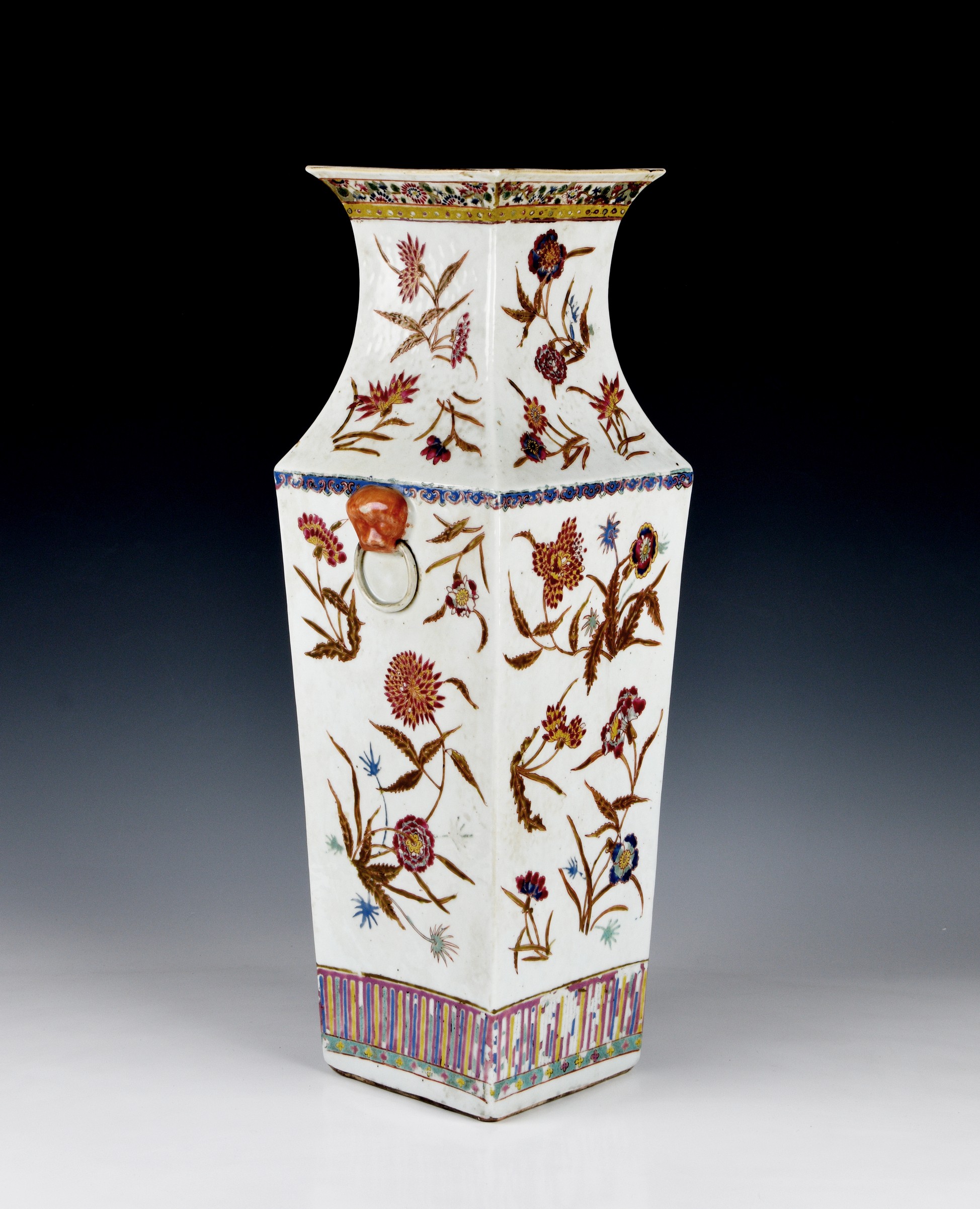 A Chinese porcelain famille rose square baluster vase, probably early 20th century, iron red four