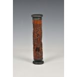 A Chinese carved bamboo parfumier, 20th century, carved with scholars in a rocky, wooded landscape