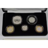 Numismatics interest - The Royal Mint UK 2007 Silver Piedfort Collection, five coins, complete