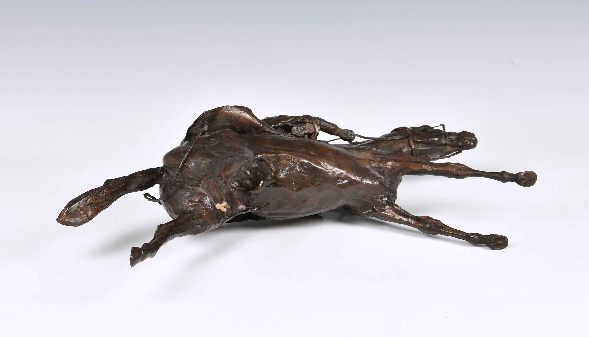 Caroline Wallace (British, 20th century) - a bronze race horse figural group "Fast Work", damaged, - Image 4 of 4