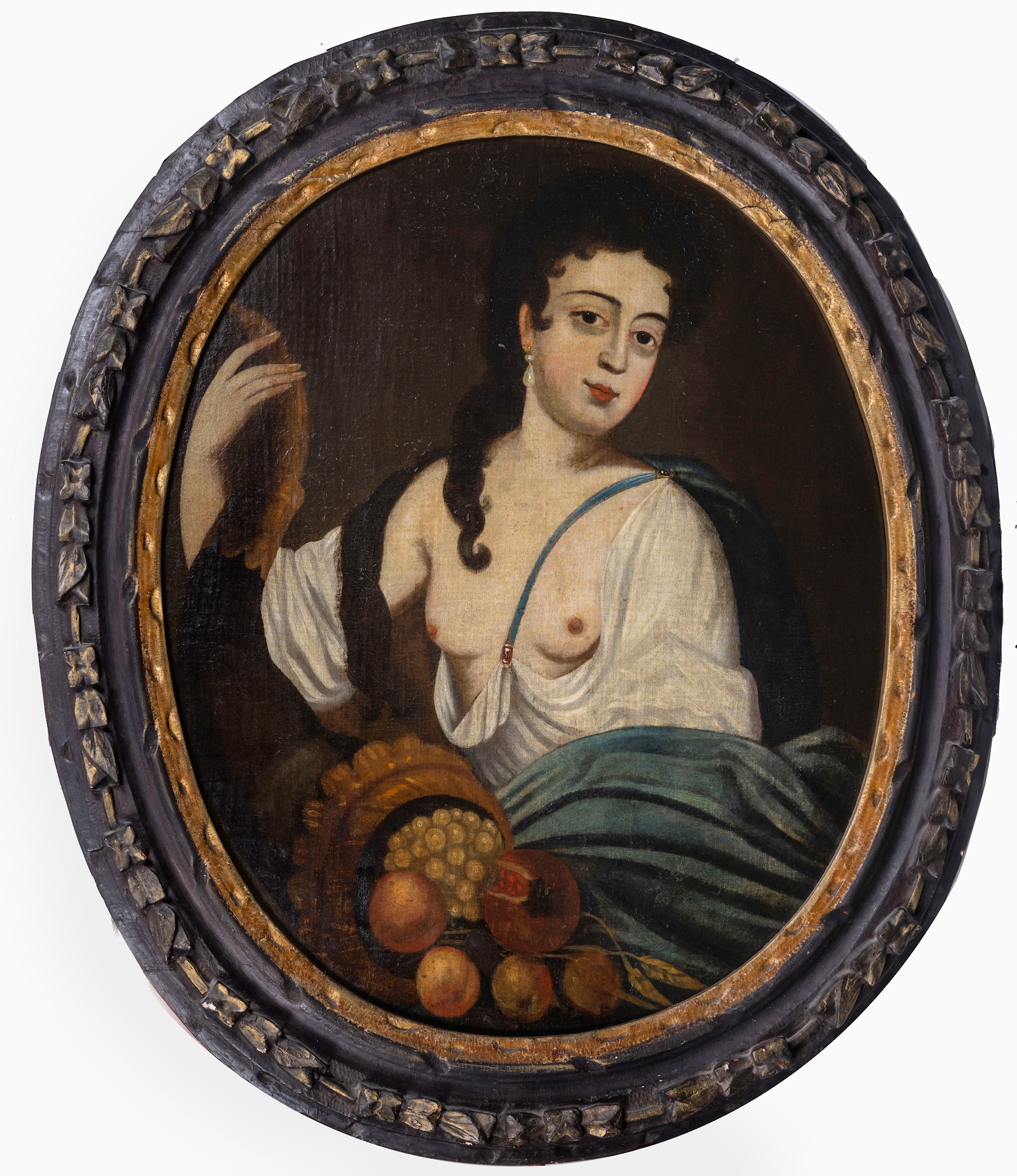 Follower of Sir Peter Lely (British, 1618-1680), Portrait of a Woman holding a Cornucopia with a - Image 2 of 3