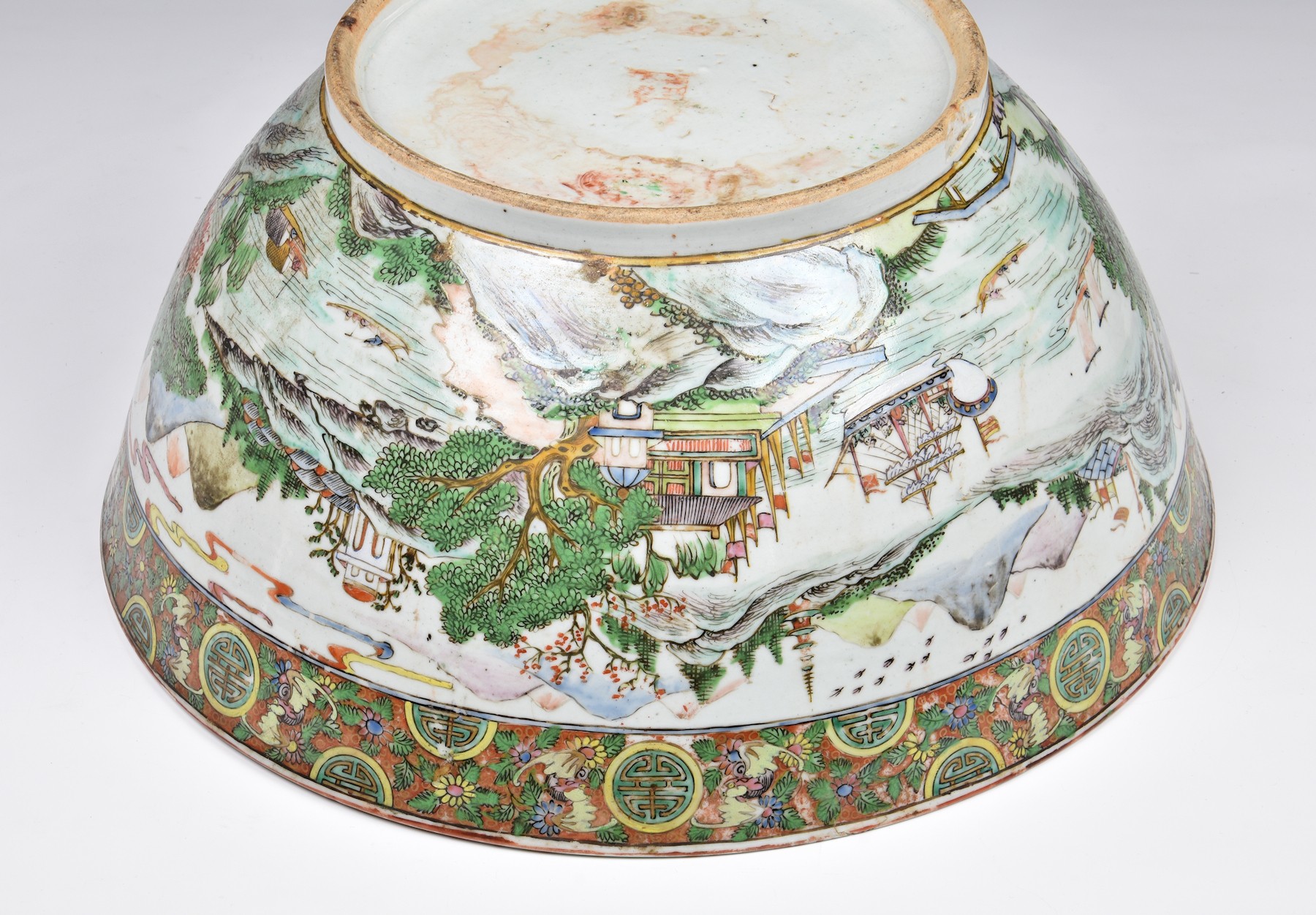 A large Chinese export porcelain Canton famille rose punch bowl, worn four character seal mark to - Image 7 of 16