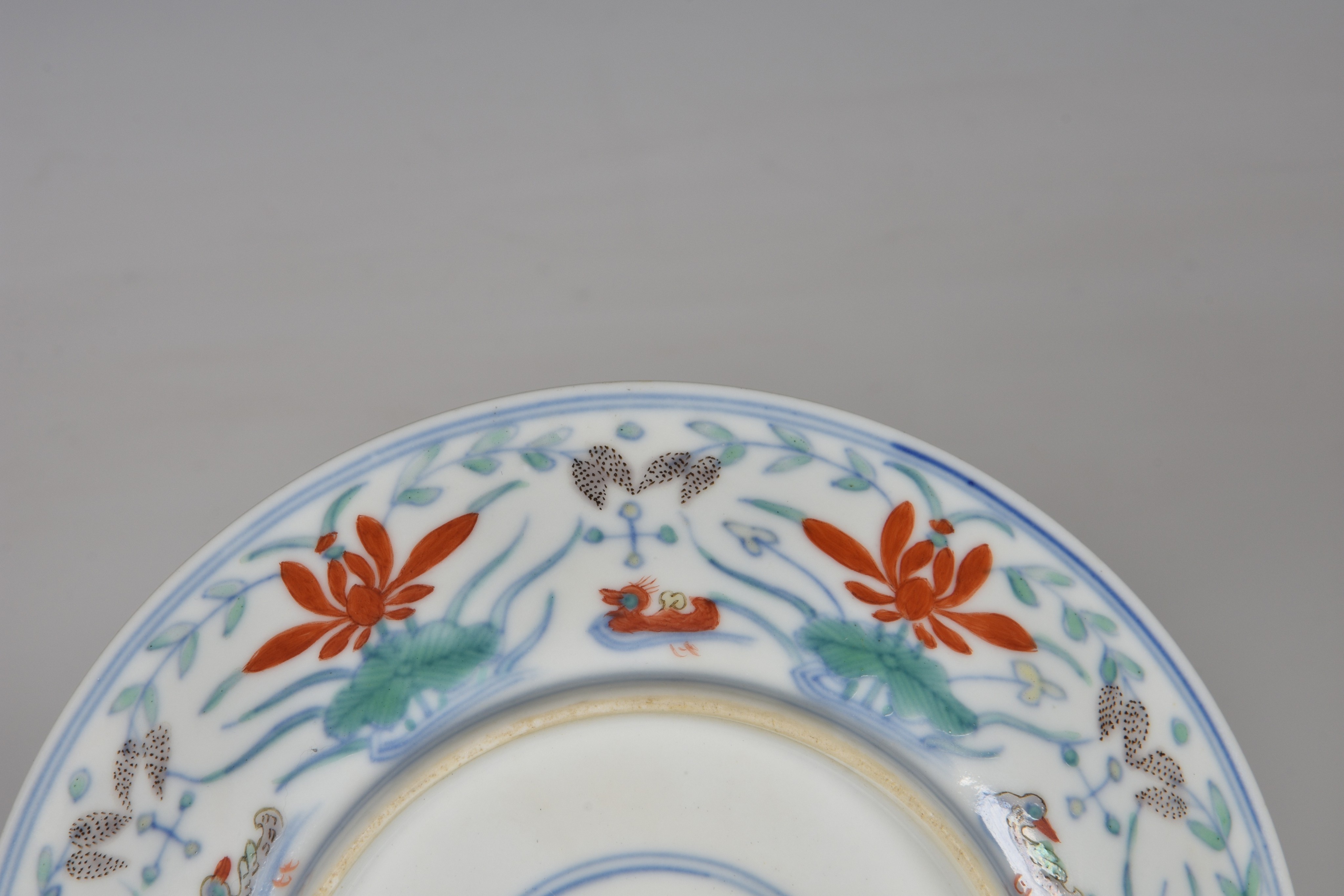 A Chinese doucai 'duck and lotus pond' porcelain dish, four character mark within double - Image 6 of 10