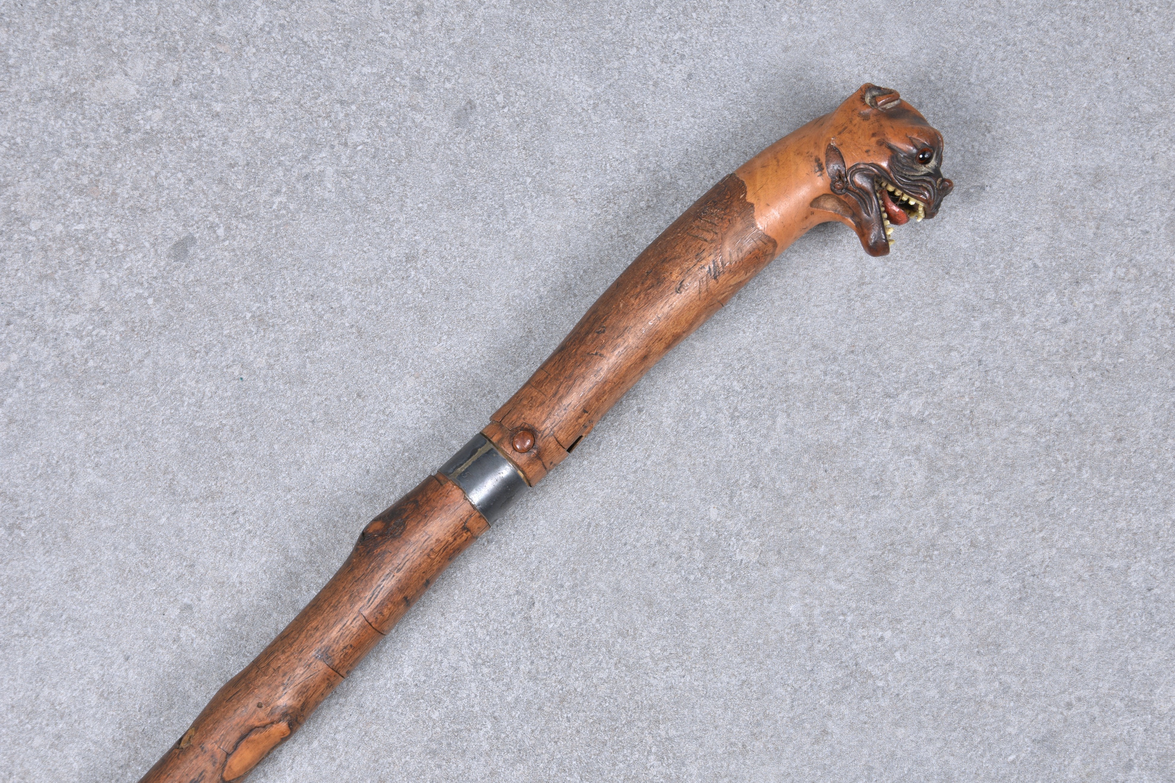 A Victorian carved dog head walking cane, fruit wood, the head with realistic features, glass