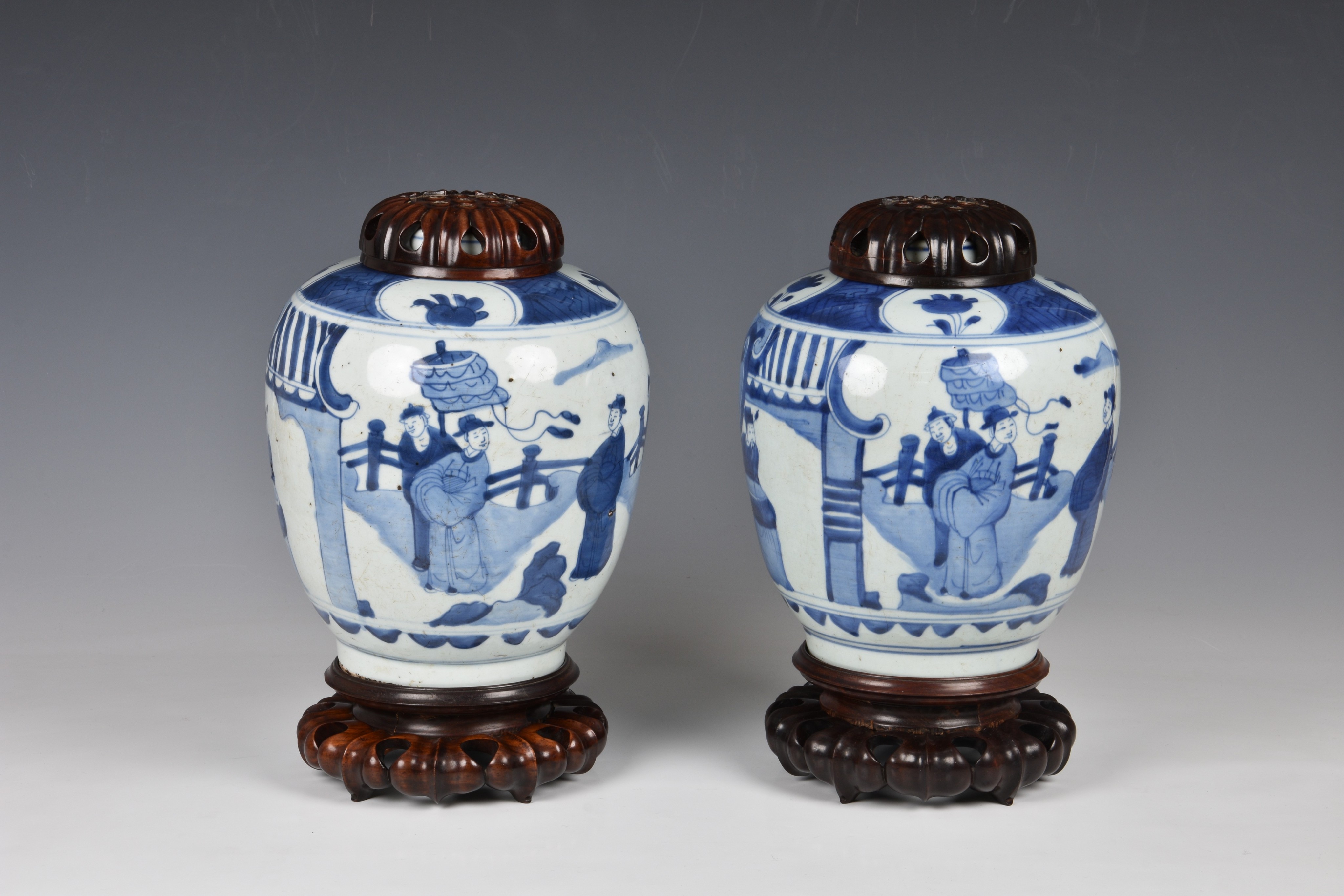 A pair of Chinese blue and white porcelain jars, Qing Dynasty, probably Kangxi period (1662-1722), - Image 2 of 20