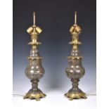 A pair of French Empire style marble and gilt brass lamps, early 20th century, in white veined