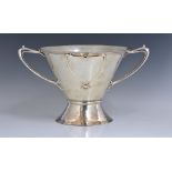 A rare Art Nouveau planished silver centrepiece / twin handle trophy bowl, Goldsmiths & Silversmiths