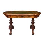 A fine Victorian burr walnut, ebony, ebonised and marquetry kidney shaped writing table, the top