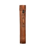 Vintage fishing equipment - Tan leather rod case and fishing rods, the case of oval tubular form
