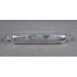 A rare clear glass rolling pin, well engraved with a sailing ship passing under an iron bridge, '