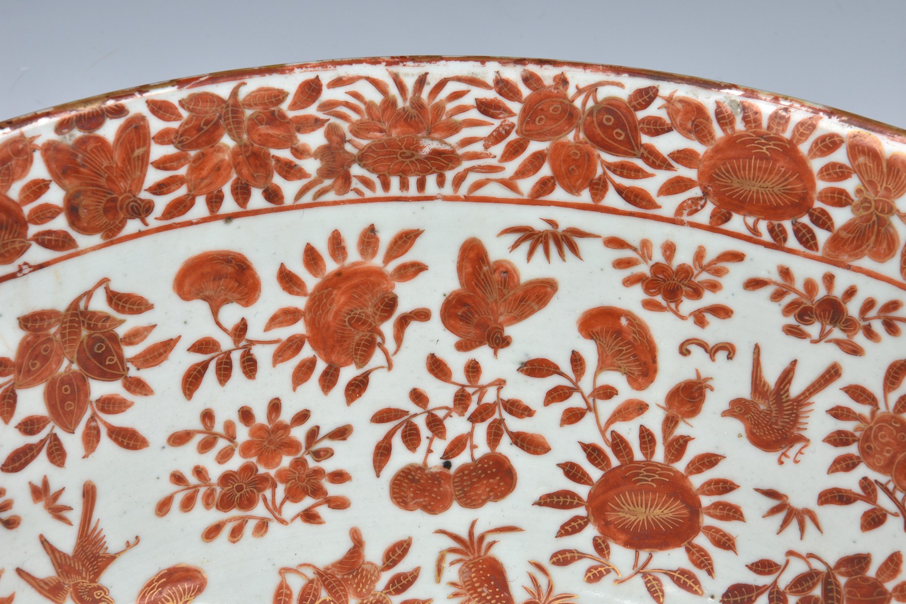 A large Chinese export porcelain Canton famille rose punch bowl, worn four character seal mark to - Image 3 of 16