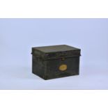 A Sampson Mordan & Co strong box, rectangular with folding loop handles, applied oval brass plaque