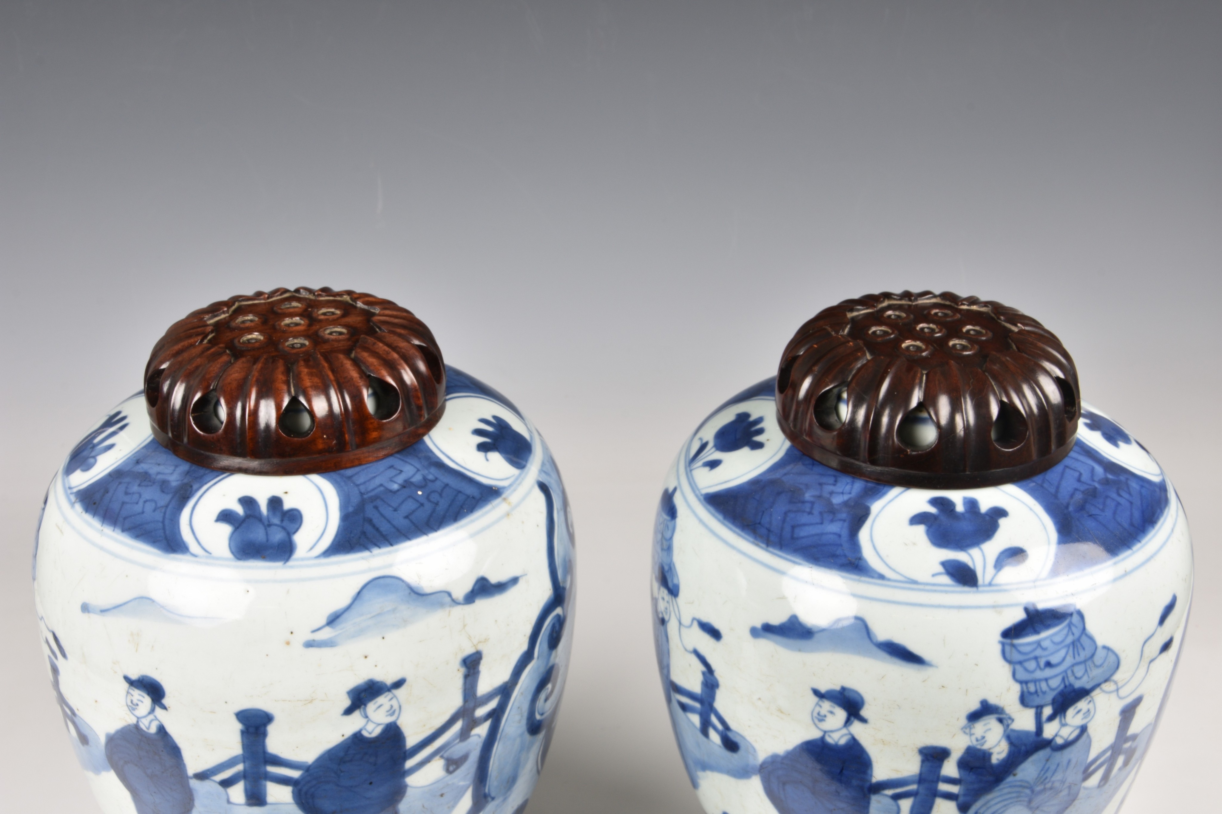 A pair of Chinese blue and white porcelain jars, Qing Dynasty, probably Kangxi period (1662-1722), - Image 6 of 20