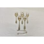 A collection of Channel Islands related silver spoons and sugar tongs, the tongs of typical form,