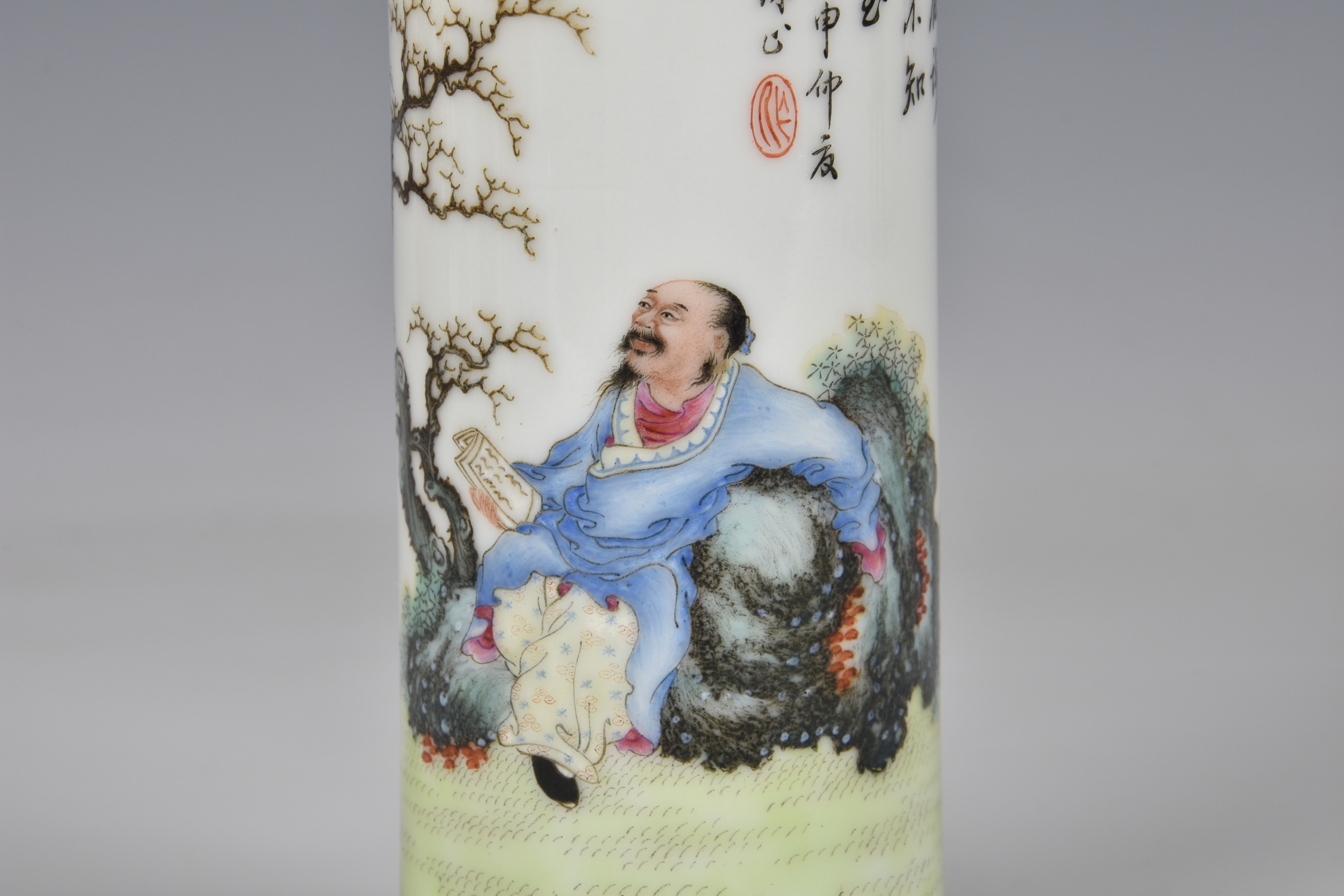 A finely enamelled Chinese famille rose porcelain sleeve vase or brush pot, blue enamelled - Image 7 of 7