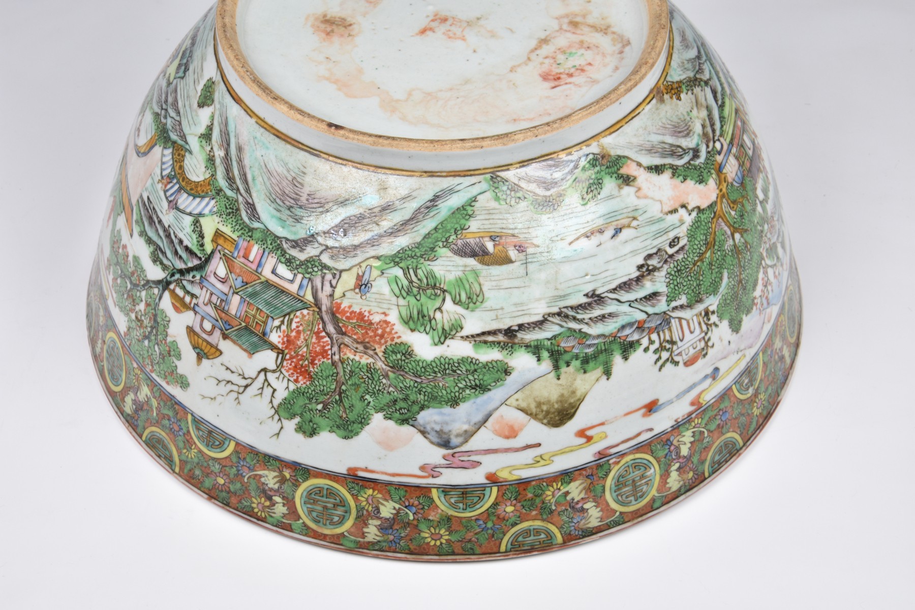 A large Chinese export porcelain Canton famille rose punch bowl, worn four character seal mark to - Image 6 of 16
