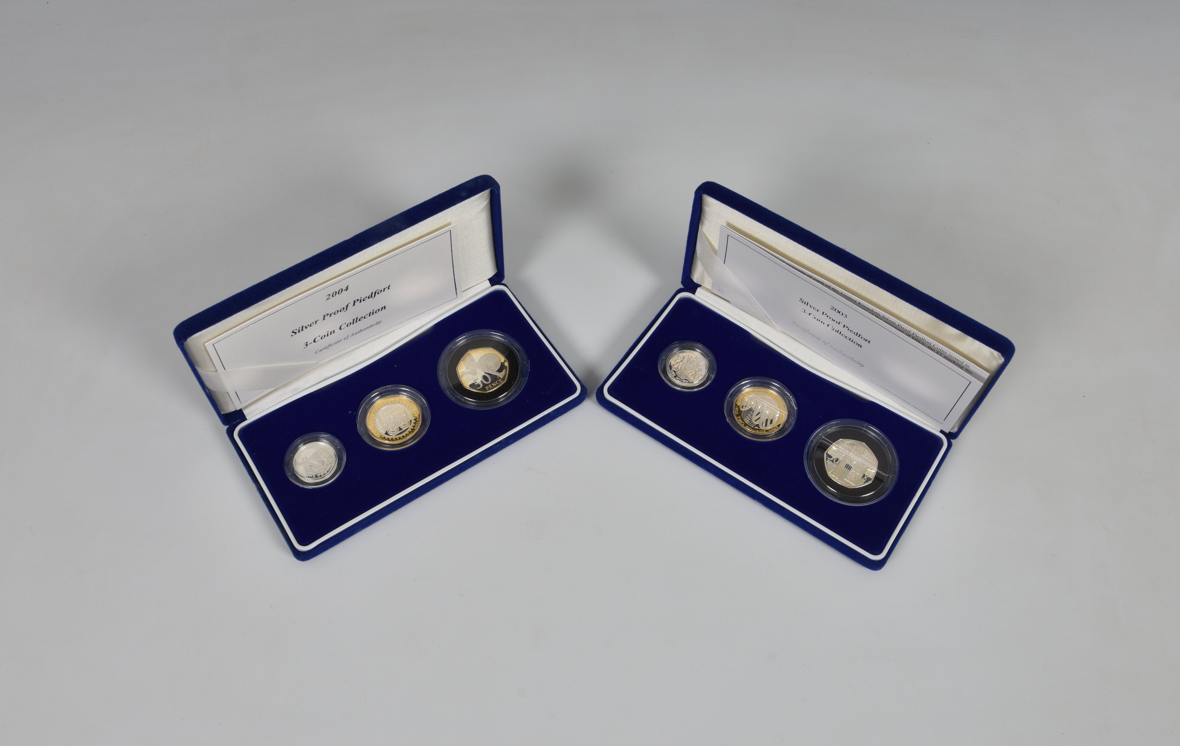 Royal Mint 2003 & 2004 silver proof Piedfort 3-coin collection, £2, £1, 50p, both with certificate