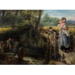 English School (19th century), Country landscape with a mother, baby and child on a wooden bridge,