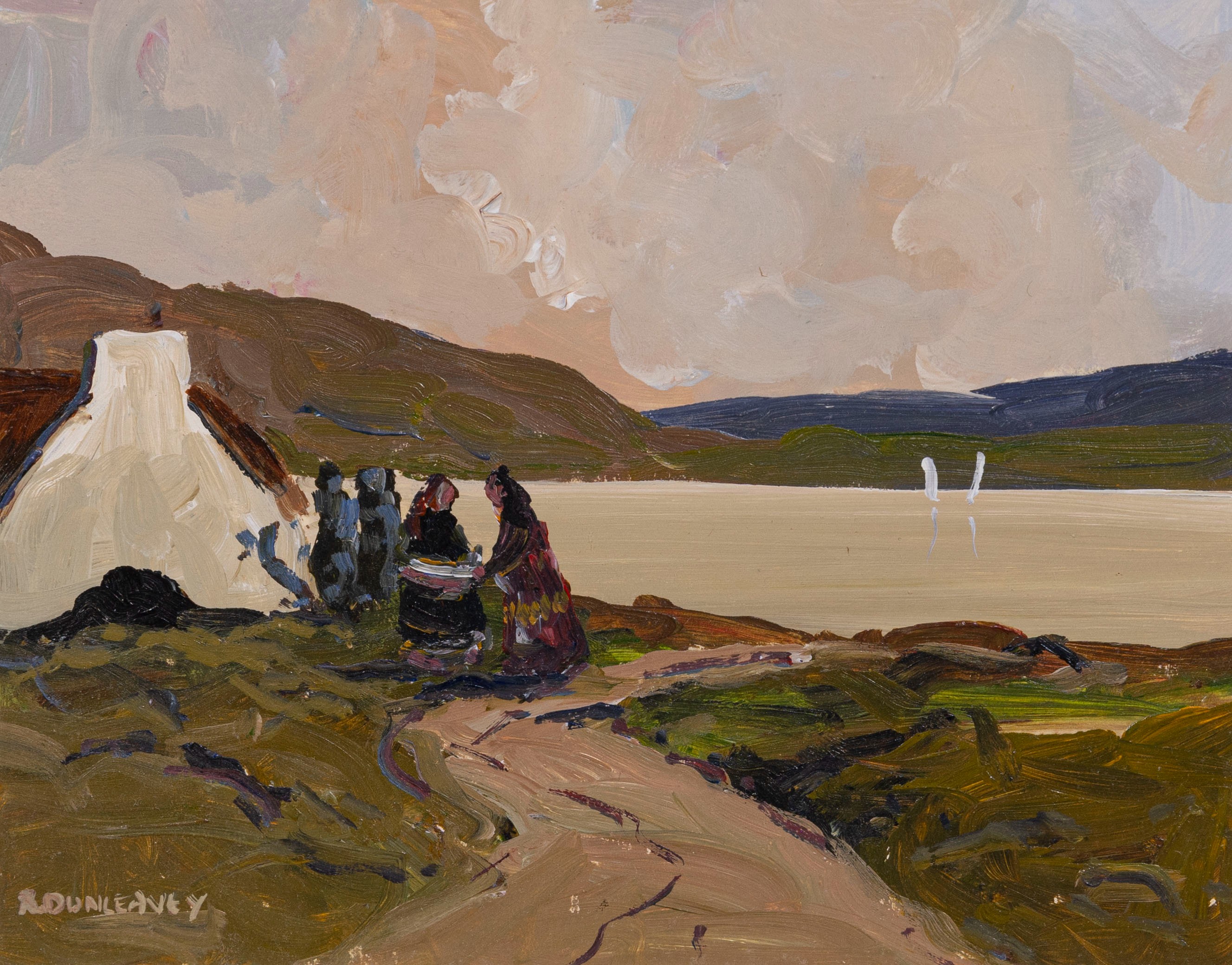 Robert Dunleavey (Irish, b. 1970), Figures by a Lakeside Cottage. acrylic on board, signed lower