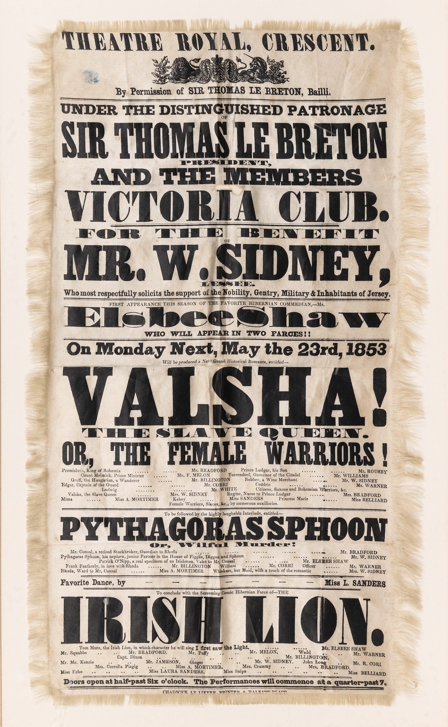 A rare Victorian Channel Islands framed promotional theatre programme, printed on fringed silk,