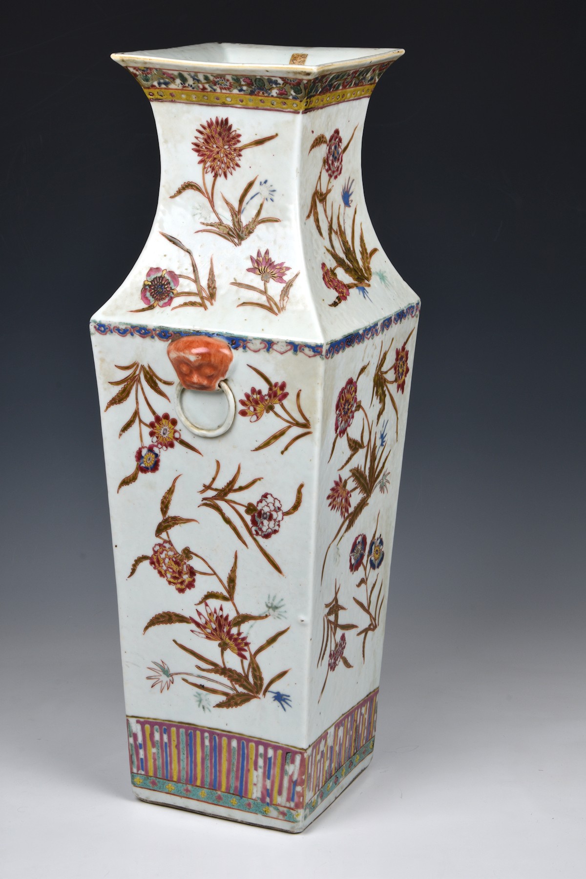 A Chinese porcelain famille rose square baluster vase, probably early 20th century, iron red four - Image 2 of 14