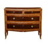 A good 18th century Italian fruitwood, cherry and partridge wood bowfront commode, the cross