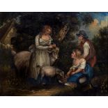 after George Morland (British, 19th century), Children feeding goats. oil on canvas, unsigned,