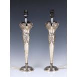 A pair of Edwardian silver vases, fitted as lamps, Walker & Hall, Sheffield 1903, of slender, tall