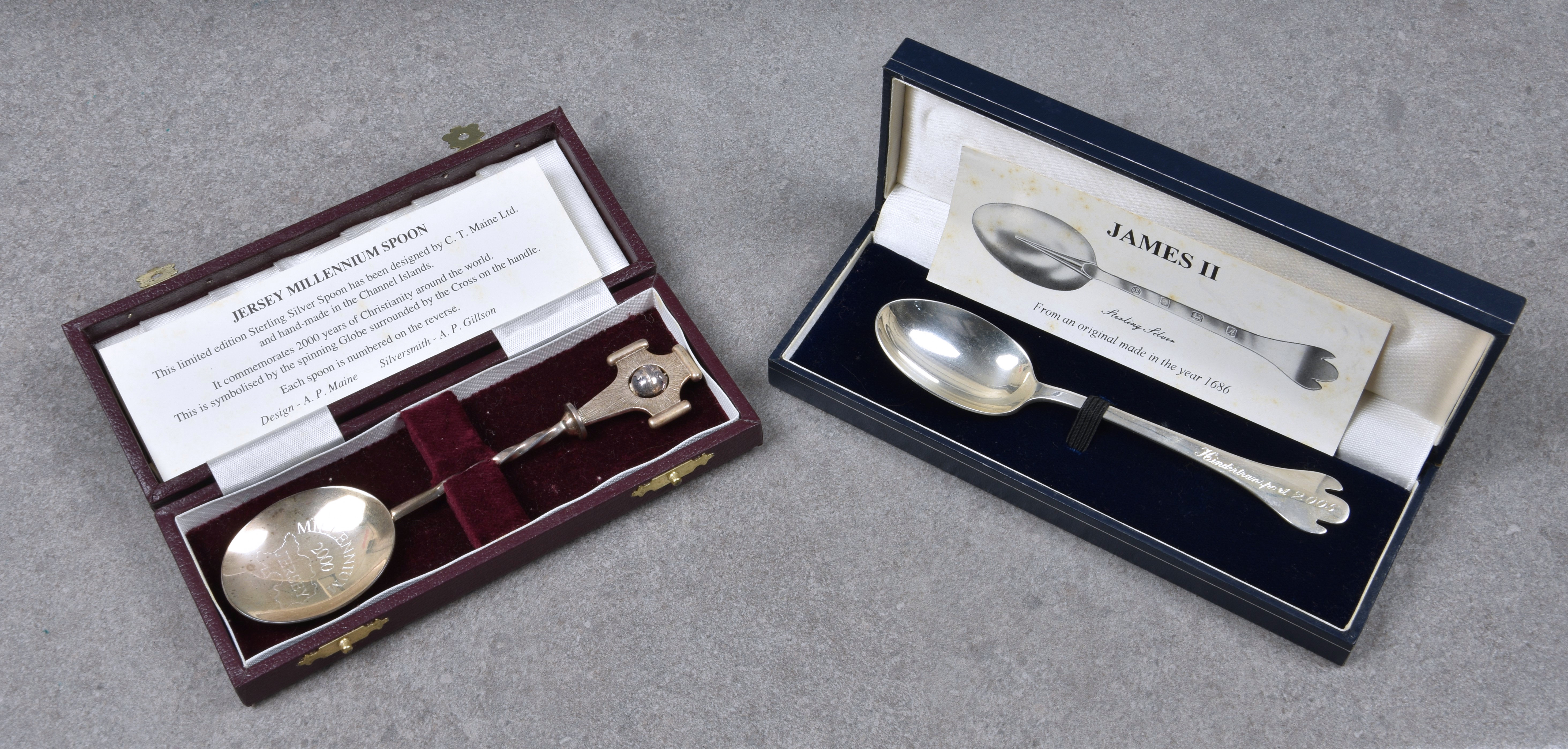 A reproduction silver James II trefid spoon and a Jersey Millennium spoon, the trefid spoon after an