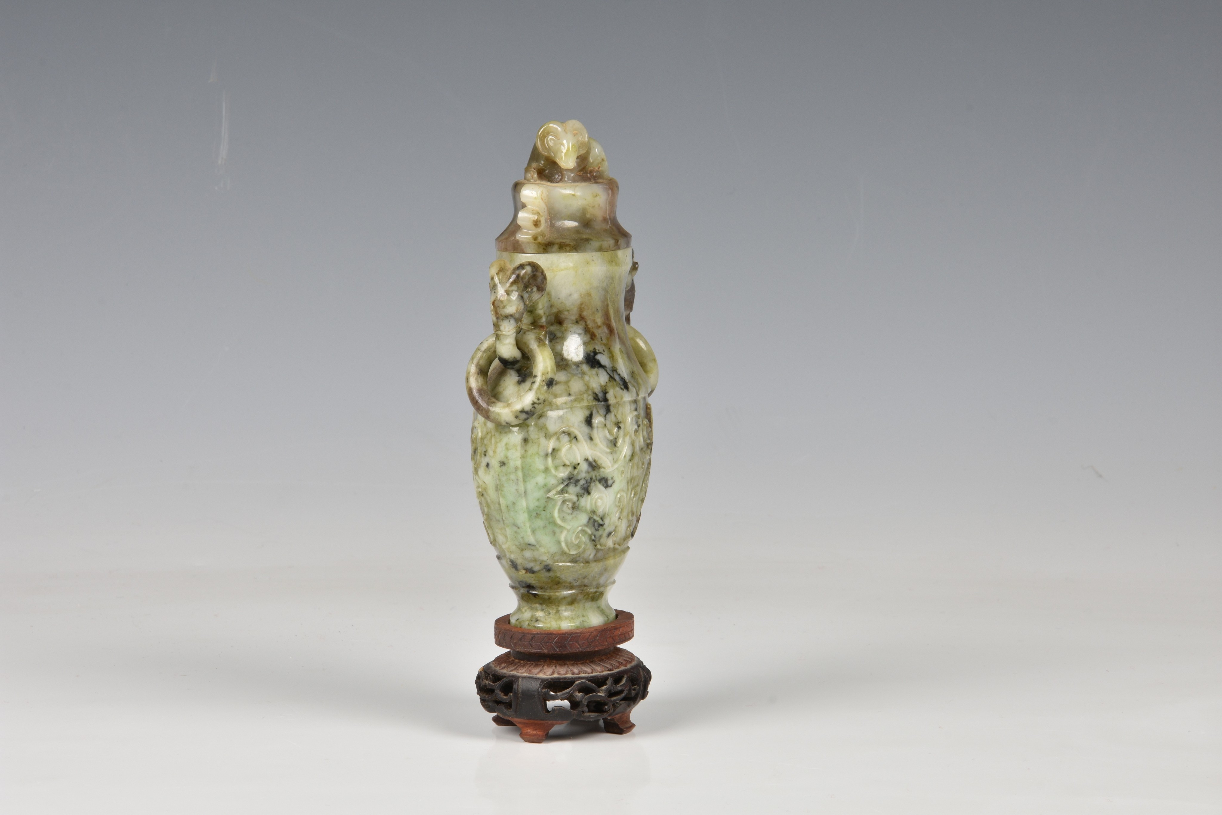 A Chinese carved jade archaic bronze form covered vase, second half 20th century, in black, brown - Image 3 of 4