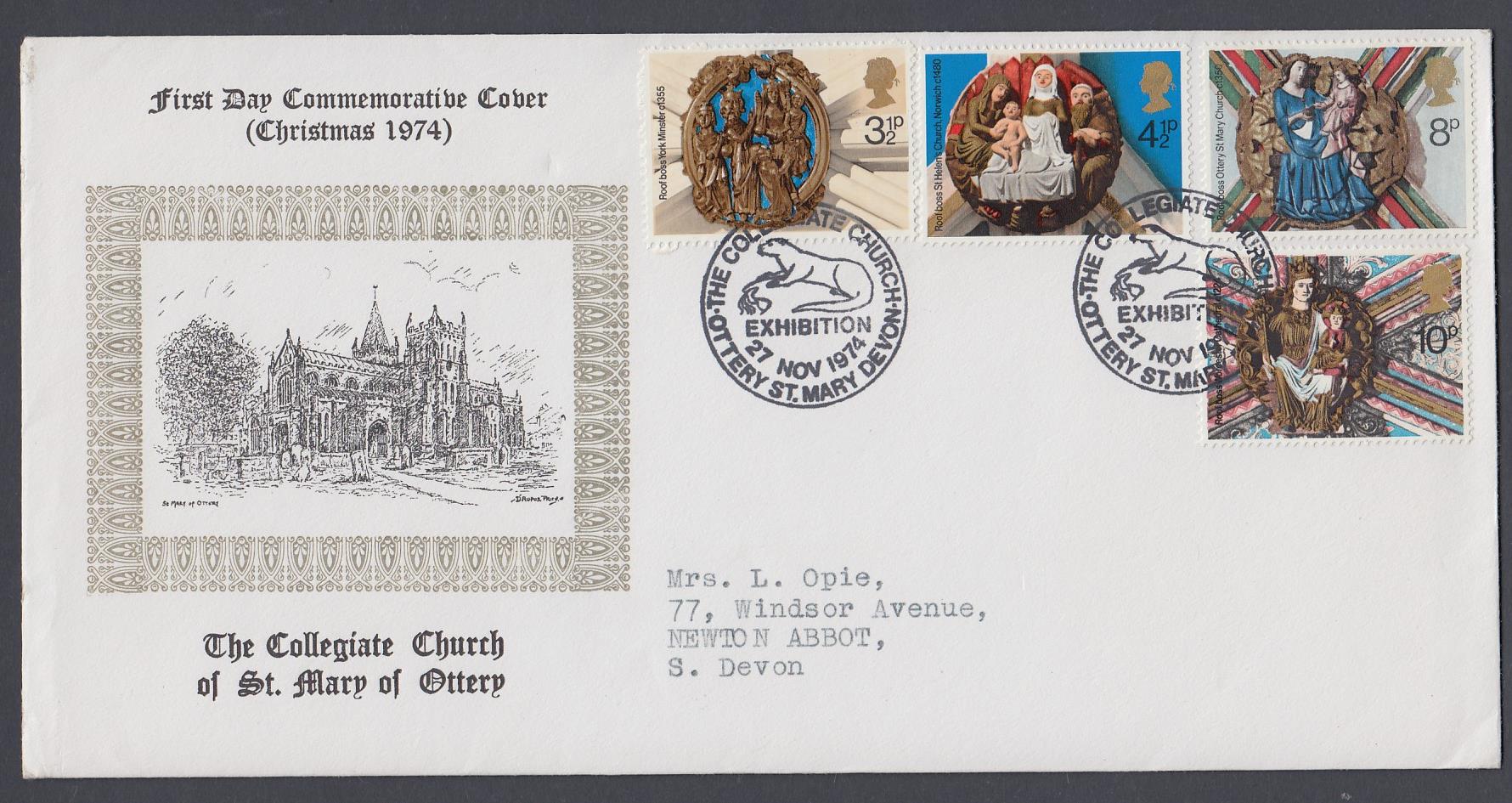 STAMPS FRST DAY COVERS 1974 Christmas St Mary of Ottery Official FDC