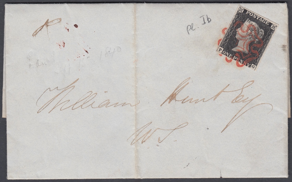 STAMPS PENNY BLACK Plate 1b , three large and one close margin on entire wrapper with Red MX,,