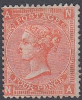 GREAT BRITAIN STAMPS 1865 4d Vermilion plate 12 mounted mint SG 94,