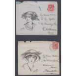 STAMPS GREAT BRITAIN : Two 1913 envelopes each with attractive pen & ink hand illustration of a