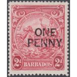 STAMPS BARBADOS : 1947 1d on 2d Carmine perf 14,