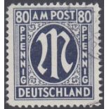 STAMPS GERMANY : 1945 Allied Occupation 80pf blue fine used SGA34b Cat £425