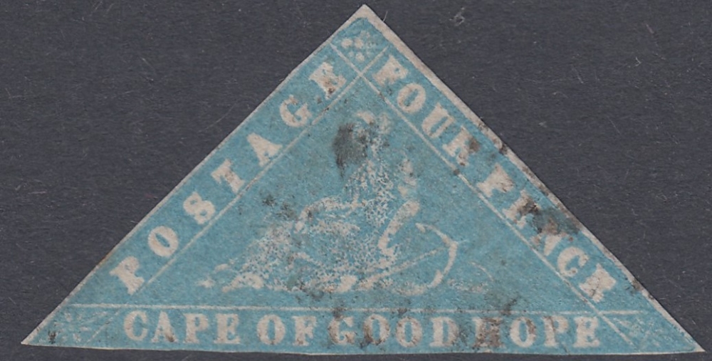 STAMPS : 1861 CAPE of GOOD HOPE 4d Pale Milky Blue, scarce woodblock, margins cut close,