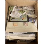 STAMPS WORLD, a good rummage box full to the brim! Album pages, stock cards and pages, loose stamps,
