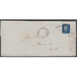 STAMPS GREAT BRITAIN : 1843 wrapper with fine three margin 2d blue SG 14 cancelled by No 3 in MX
