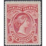 STAMPS FALKLANDS : 1898 QV 5/- red, fine M/M, has a light gum bend in top corner, SG 42.