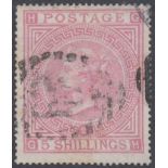 STAMPS GRAT BRITAIN : 1867 QV 5/- rose, wmk Maltese Cross, plate 2, fine used, SG 126. Cat £1500.