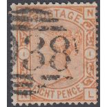 STAMPS GREAT BRITAIN : 1873 8d Orange lettered (NL) fine used SG 156 Cat £350